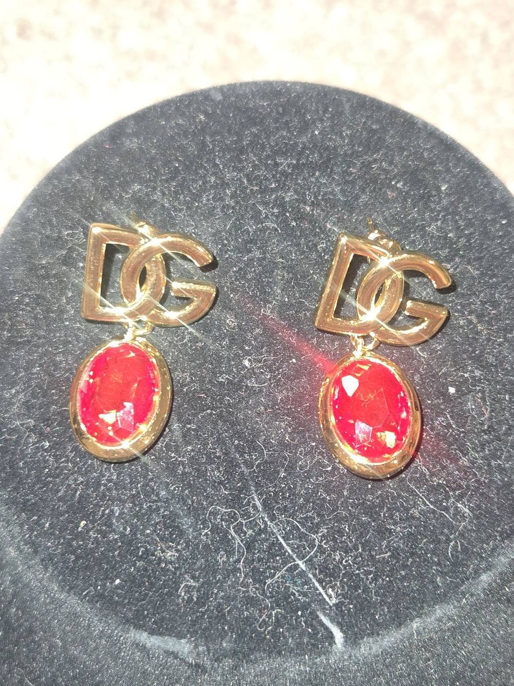 D&G 18kgp Gold-Tone Earrings with Red Gemstone Drop - Picture 2 of 5